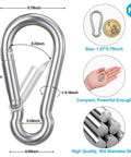 10 Pack Stainless Steel Carabiners Clips 1.57 Inch Small Spring Snap Hooks showing dimensions and size comparison with hand and coin