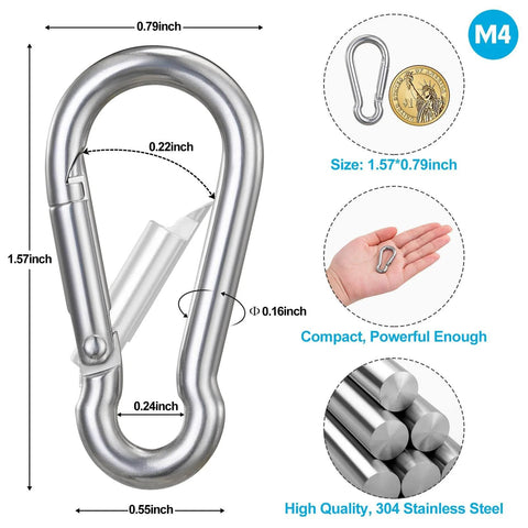 10 Pack Stainless Steel Carabiners Clips 1.57 Inch Small Spring Snap Hooks showing dimensions and size comparison with hand and coin