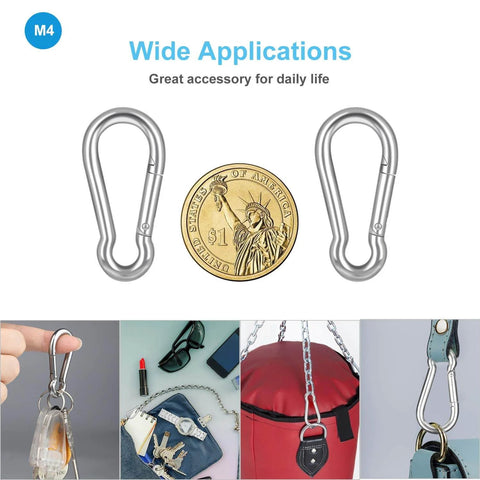 10 Pack Stainless Steel Carabiner Clips 304 Brushed Heavy Duty Spring Snap Hook M4 1.57 Inch for versatile daily use and outdoor applications.