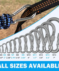304 Stainless Steel Carabiners 2 Inch M5 Screw Lock Heavy Duty Rustproof Clips in various sizes with ropes attached.