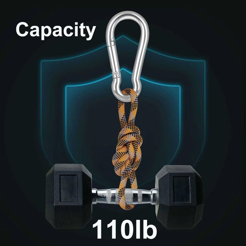 10 Pack Stainless Steel Carabiner Clips 304 Brushed Heavy Duty Spring Snap Hook M4 1.57 Inch One Hand Quick Lock showcasing 110lb capacity.