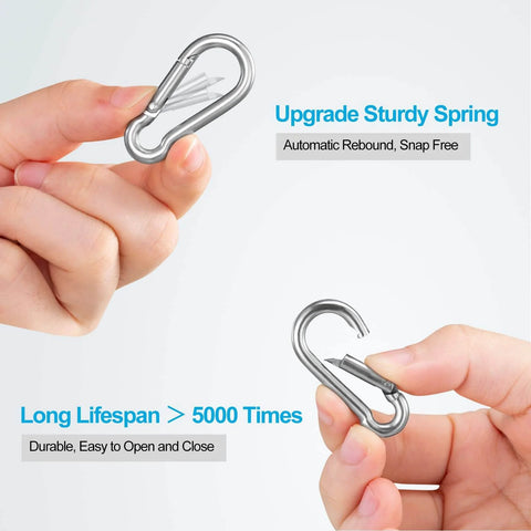 Hands holding 10 Pack Stainless Steel Carabiners Clips 1.57 Inch Small Spring Snap Hooks Heavy Duty Keychain Clips Quick Link
