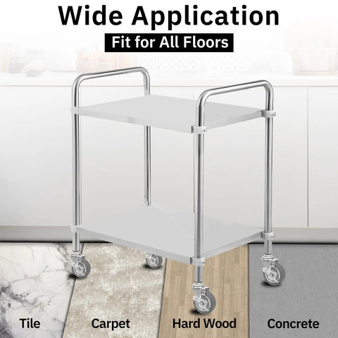 Stainless steel cart with Expanding Stem Casters Set Of 4 With Brakes For Stainless Steel Worktables And Carts, suitable for all floors.