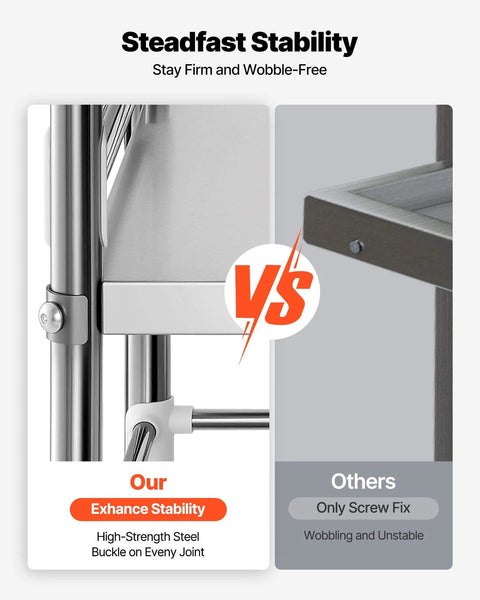 Comparison of a sturdy stainless steel frame with high-strength buckle versus a less stable joint for a rolling cart