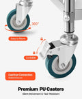Close-up of lockable wheel on Sturdy Stainless Steel 3-Tier Rolling Cart With Lockable Wheels For Hospital Lab Clinic Kitchen Restaurant Salon Easy To Clean Medical Serving Trolley By VEVOR