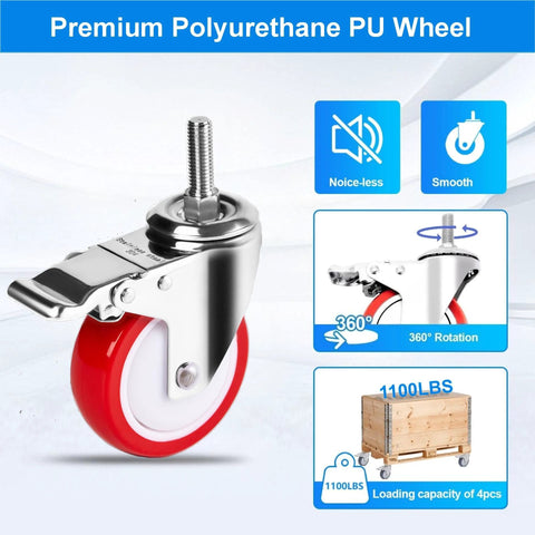 4 Inch Stainless Steel Caster Wheel With Brake Heavy Duty Non Marking Polyurethane PU Wheel Rust Resistant
