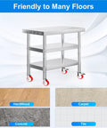 4 Inch Stainless Steel Caster Wheel With Brake Heavy Duty Non Marking Polyurethane PU Wheel Rust Resistant with shelving unit on various floor types including tile, carpet, and wood.