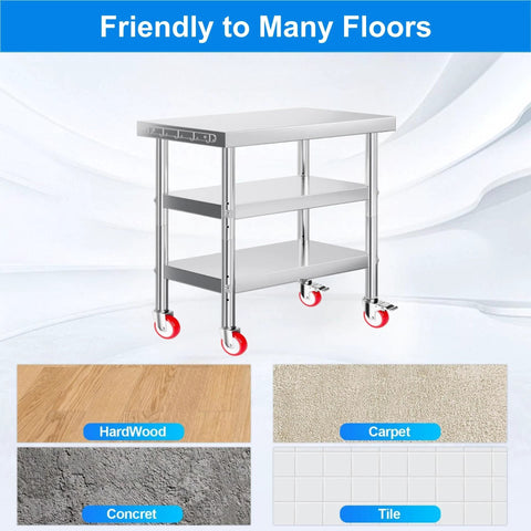 4 Inch Stainless Steel Caster Wheel With Brake Heavy Duty Non Marking Polyurethane PU Wheel Rust Resistant with shelving unit on various floor types including tile, carpet, and wood.