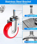 4 Inch Stainless Steel Caster Wheel With Brake Heavy Duty Non Marking Polyurethane PU Wheel Rust Resistant For Hospital Lab Furniture And Restaurant Anti Corrosion Stem Options Three Eighths Inch Sixteen UNC X One Threaded Stem Or One Half Inch Thirteen, close-up view highlighting red wheel, stainless steel bracket, and threaded stem.