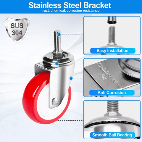 4 Inch Stainless Steel Caster Wheel With Brake Heavy Duty Non Marking Polyurethane PU Wheel Rust Resistant For Hospital Lab Furniture And Restaurant Anti Corrosion Stem Options Three Eighths Inch Sixteen UNC X One Threaded Stem Or One Half Inch Thirteen, close-up view highlighting red wheel, stainless steel bracket, and threaded stem.