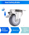 Stainless Steel Caster Wheels 2 Inch Set of 4 with 360 Degree Swivel Silent Non Marking Thermoplastic Rubber Wheels for Furniture Labs Hospitals Restaurants Anti Rust 304 Stainless Construction Easy Glide Mobility Durable and Quiet, showing safety brake.