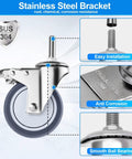 Four Inch Stainless Steel Caster Wheels With Brake, Rust Resistant Non Marking TPR Rubber, Threaded Stem Sizes Three Eighths By One Inch Or One Half By One And A Half Inches, Suitable For Hospital Lab Furniture And Restaurant, showing side view with bracket and brake mechanism