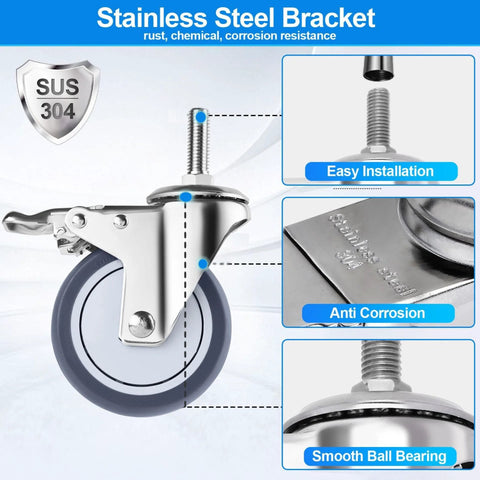 Four Inch Stainless Steel Caster Wheels With Brake, Rust Resistant Non Marking TPR Rubber, Threaded Stem Sizes Three Eighths By One Inch Or One Half By One And A Half Inches, Suitable For Hospital Lab Furniture And Restaurant, showing side view with bracket and brake mechanism