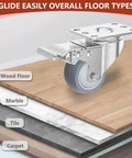 3 inch stainless steel caster wheels with brakes on various floor types: wood, marble, tile, and carpet.