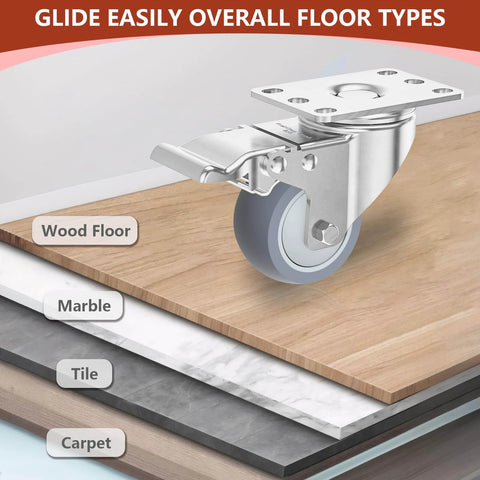 3 inch stainless steel caster wheels with brakes on various floor types: wood, marble, tile, and carpet.
