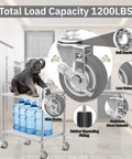 Expanding Stem Casters Set Of 4 With Brakes For Stainless Steel Worktables And Carts Fits One And One Half Inch To One And Five Eighths Inch ID Legs Swivel Castors Elevate Height By 5.1 Inches Load Capacity 1200 Lbs demonstrated on a cart with water bottles and a small elephant 