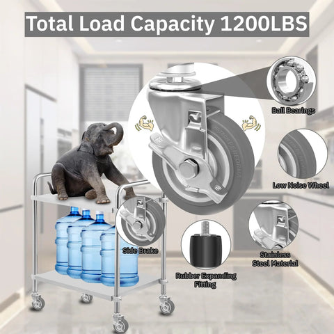 Expanding Stem Casters Set Of 4 With Brakes For Stainless Steel Worktables And Carts Fits One And One Half Inch To One And Five Eighths Inch ID Legs Swivel Castors Elevate Height By 5.1 Inches Load Capacity 1200 Lbs demonstrated on a cart with water bottles and a small elephant 