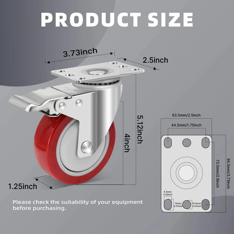 Stainless steel 4 inch heavy duty caster wheels with brakes, 304 rust proof swivel casters designed for industrial and sanitary use in a 4 pack, showing product size.