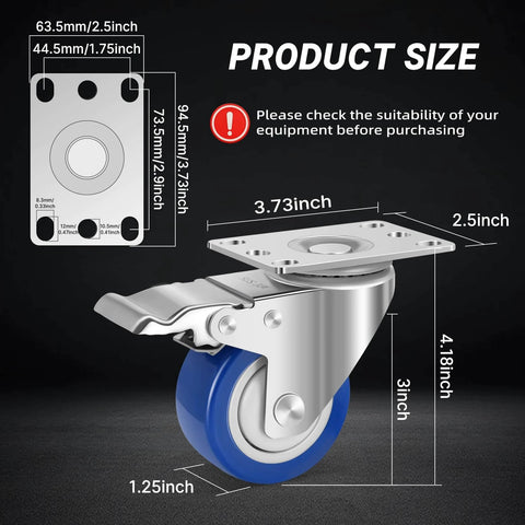 Stainless steel 3 inch caster wheels with brakes, 304 rust proof heavy duty swivel casters designed for industrial use in a 4 pack, size specifications.
