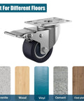 Close-up view of 2 inch stainless steel caster wheels with total lock brakes, SUS 304 heavy duty casters for various floor types.