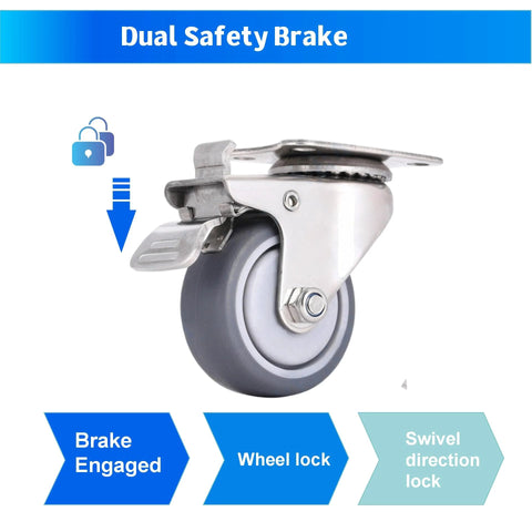 2 Inch Stainless Steel Caster Wheels Set Of 4 With Brakes, Anti Rust Swivel Casters, Silent Non Marking TPR Wheels For Furniture
