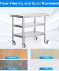 Four Inch Stainless Steel Caster Wheels With Brake on kitchen cart, suitable for various floors like hardwood, carpet, and tile