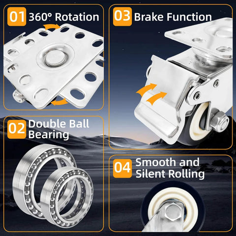 Stainless steel 3 inch heavy duty caster wheels with rust proof 304 swivel design, casters with brakes in a 4 pack with 360° rotation feature.
