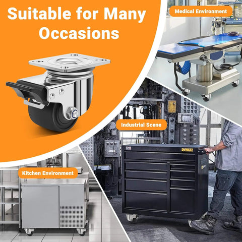 3 inch heavy duty stainless steel low profile caster wheels made from SUS 304, industrial casters with brakes in various settings.