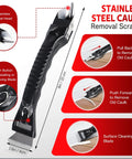Close-up of caulk removal scraper from Caulking Tool Kit With Caulk Remover, showing stainless steel head and push button features.