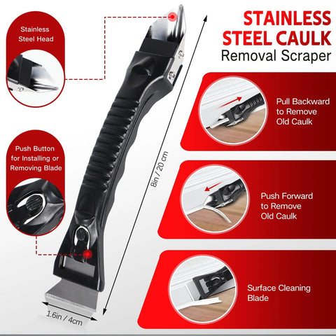Close-up of caulk removal scraper from Caulking Tool Kit With Caulk Remover, showing stainless steel head and push button features.