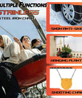 Stainless Steel Coil Chain,5MMx11.8 Inch shown with various uses: supporting vehicle tires in snow, hanging plants, and decorative hanging items.