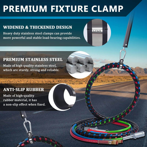 Securely holds air hoses and power cords with a heavy duty tender spring kit on open road showing fixture clamp and anti-slip features