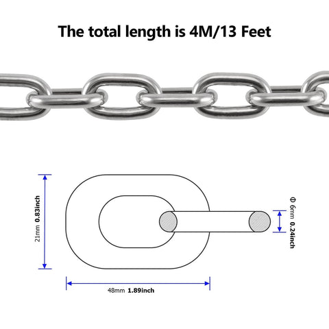 Diagram of ✝️ 1/4 Inch x 13ft 304 Stainless Steel Coil Chain, 6mm x 4mThick Proof Coil Chain, total length 4m/13ft shown.