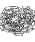 5/32 Inch x 32 Feet Stainless Steel Coil Chain Link, 4mm x 10m Proof Coil Chain, Metal Safety Chain coiled on white background