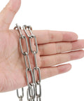 Hand holding 5/32 Inch x 32 Feet Stainless Steel Coil Chain Link, 4mm x 10m Proof Coil Chain, Metal Safety Chain Decorative Welded Chain Links