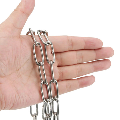 Hand holding 5/32 Inch x 32 Feet Stainless Steel Coil Chain Link, 4mm x 10m Proof Coil Chain, Metal Safety Chain Decorative Welded Chain Links