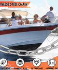 Boating scene with a stainless steel coil chain overlay, highlighting strength and smooth motion for marine use.