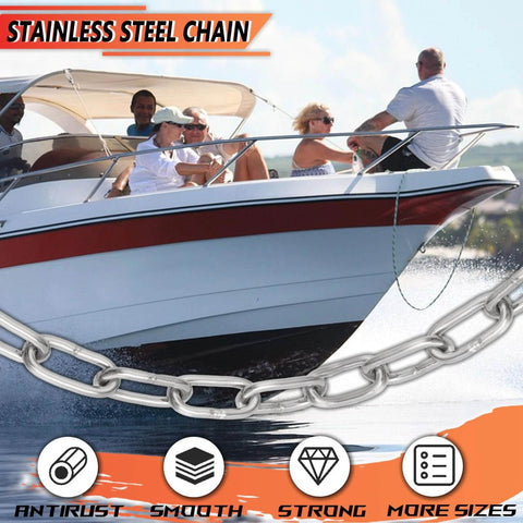 Boating scene with a stainless steel coil chain overlay, highlighting strength and smooth motion for marine use.