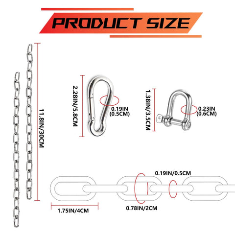 Product size diagram of 5MMx11.8 inch stainless steel coil chain with 550LB capacity, chain links and compatible metal hooks shown.