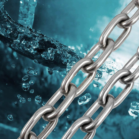 Close-up of 1/4 Inch x 13ft 304 Stainless Steel Coil Chain, 6mm x 4mThick, designed for smooth motion in mechanical systems