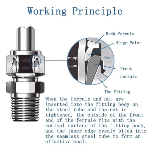 Diagram showing the working principle of 304 stainless steel compression fitting for one quarter inch tube outer diameter to one eighth inch NPT male coupler straight adapter.