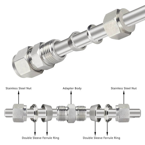 304 Stainless Steel Compression Tube Fitting Union With Double Ferrule For Easy Connection 6mm Tube OD To 6mm Tube OD