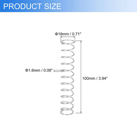 Two No Fuss 100mm Stainless Steel Compression Springs, 1.6mm Wire Diameter, 18mm Outer Diameter, 100mm Length, 304 Stainless Steel, Rust Resistant, Ballpoint Pen Pressure Springs for Home Repairs and Shop DIY Projects, Silver