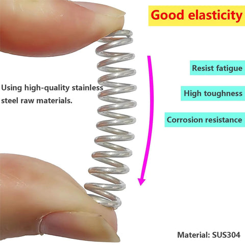 Close-up of a 10 Pcs Stainless Steel Compression Springs 1.2mm Wire Diameter 10mm Outer Diameter 80mm Free Length showcasing elasticity
