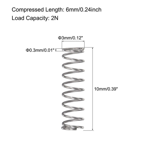 Durable 304 Stainless Steel Compression Spring With 3mm Outer Diameter 0.3mm Wire 10mm Free Length 6mm Compressed Length