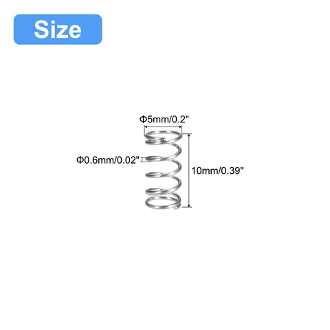 304 Stainless Steel Compression Spring Set, 5Pcs Pack, 5mm Outer Diameter, 0.6mm Wire, 10mm Free Length, Silver Tone, Size Diagram