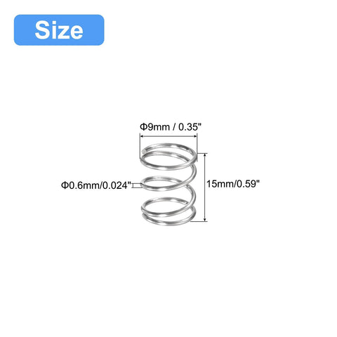 Five Piece 304 Stainless Steel Compression Spring Set With 9mm Outer Diameter And 0.6mm Wire, 15mm Free Length size display.
