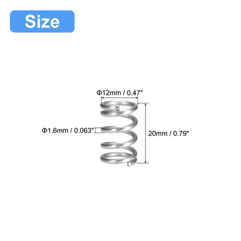 Five Pack Stainless Steel Compression Spring Set, 12mm Outer Diameter, 1.6mm Wire, 20mm Free Length, 304 Stainless Steel, Silver Tone