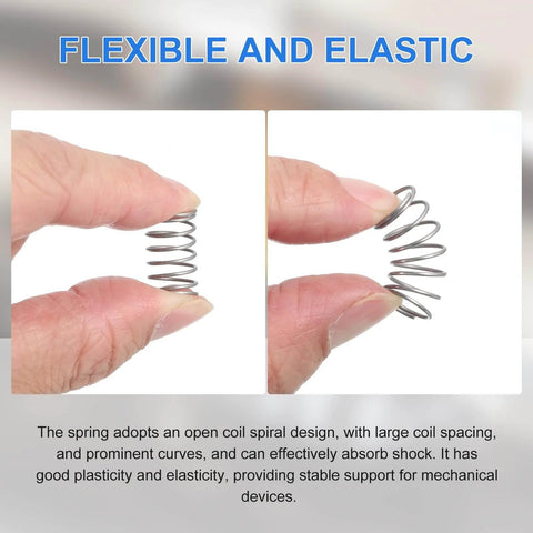 Close-up of a hand holding Six Pack Beefy Stainless Steel Compression Springs, 1.6mm Wire Diameter, 13mm Outer Diameter, showing flexibility.