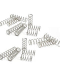 150 Pack Of Stainless Steel Compression Springs For Small Gadgets, 0.3mm Wire Diameter, 4mm Outer Diameter, 10mm Free Length, 304 Stainless Steel, Rust Resistant, Reusable And Ready To Bounce Back displayed on a white surface.